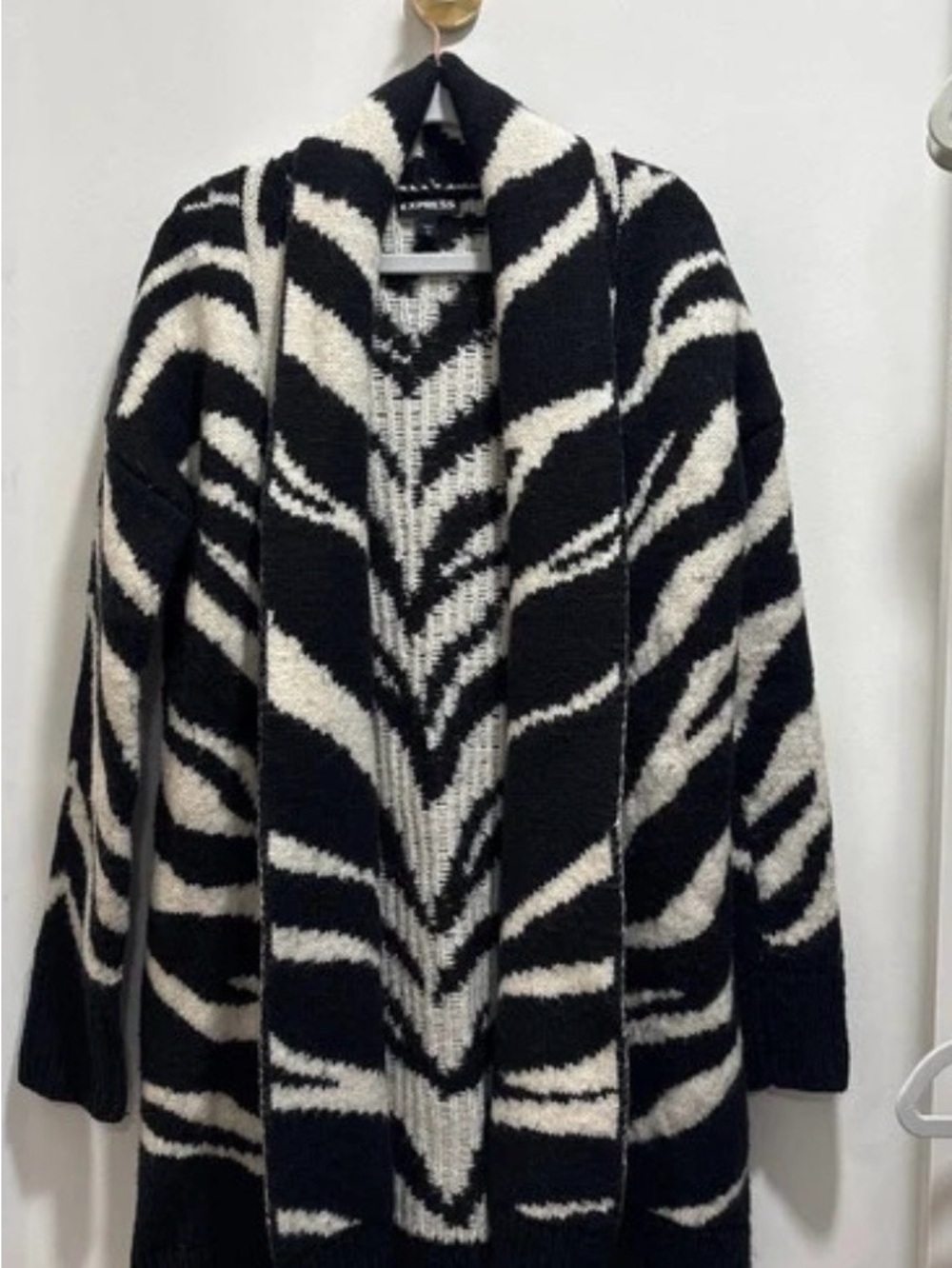 Express Black & White Zebra-Print Open Cardigan